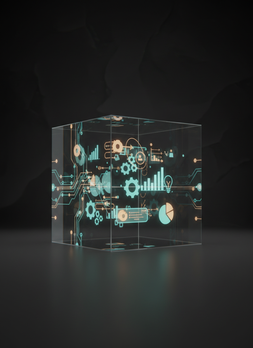 A futuristic, transparent acrylic cube resting on a matte charcoal surface, its interior filled with suspended, hologram-like icons representing data charts, gears, lightbulbs, and interface elements, all glowing softly in cyan and amber tones. Faint circuit-like lines trace across the cube’s surfaces, symbolizing information flow and integrated systems. The background fades into a dark, subtly textured gradient that suggests depth without distraction. Focused, directional rim lighting from two opposite sides creates crisp highlights on the cube’s edges and controlled reflections on the surface below. Photographic realism with a slightly low-angle composition emphasizes the cube’s presence, evoking a mood of innovation, precision, and advanced problem-solving—an abstract visual metaphor for combining business information management with creative intelligence.