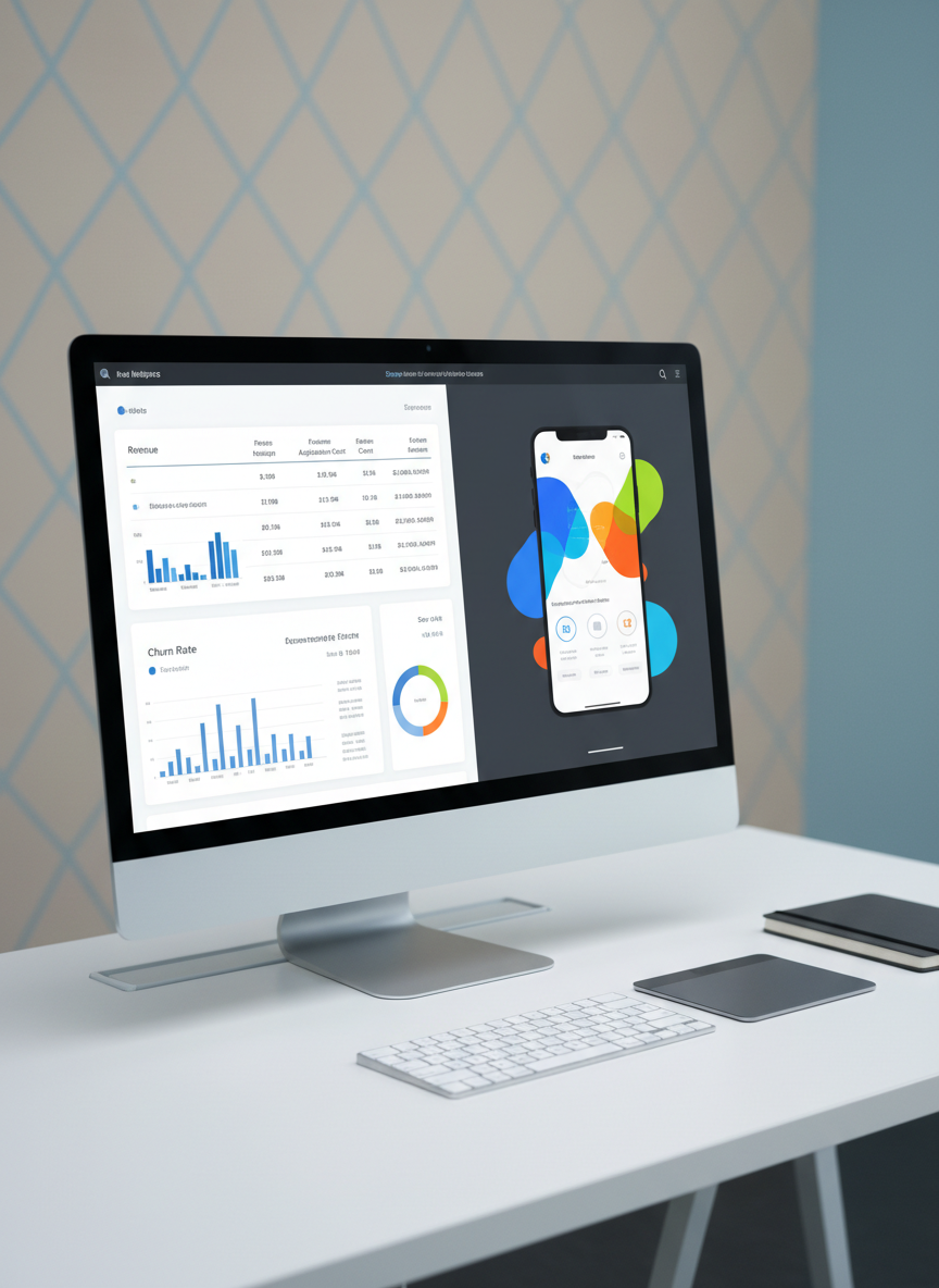 A high-resolution monitor on a clean white desk displaying a split-screen view: on one side, an organized table of business metrics in a modern dashboard, and on the other, a vibrant prototype of a mobile interface with bold accent colors and refined layouts. Beside the monitor, a slim wireless keyboard and trackpad are perfectly aligned, and a single graphite notebook sits closed with an elastic band. The background shows a softly blurred, neutral office wall with a simple geometric print. Balanced, cool-toned studio lighting evenly illuminates the scene, eliminating harsh glare on the screen. Photographic realism, eye-level composition, and sharp focus throughout convey a calm, professional environment where analytical insight and creative interface design coexist seamlessly.