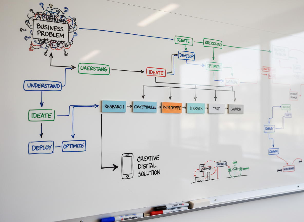 A close-up of a modern whiteboard wall filled with evenly spaced, multicolored flowcharts and annotated diagrams drawn with fine-tipped markers, illustrating a complete journey from business problem to creative digital solution. Rectangular magnetic cards display keywords like “Research,” “Prototype,” and “Launch,” arranged in a logical progression. Below, a slim metal tray holds neatly aligned markers and an eraser. Soft overhead office lighting produces clear, legible contrast without glare, while a subtle reflection on the glossy surface adds depth. Photographic realism, captured from a slightly oblique angle with moderate depth of field, keeps the central workflow in crisp focus as the edges gently soften, expressing a mood of clarity, organization, and strategic insight for a professional portfolio homepage hero.