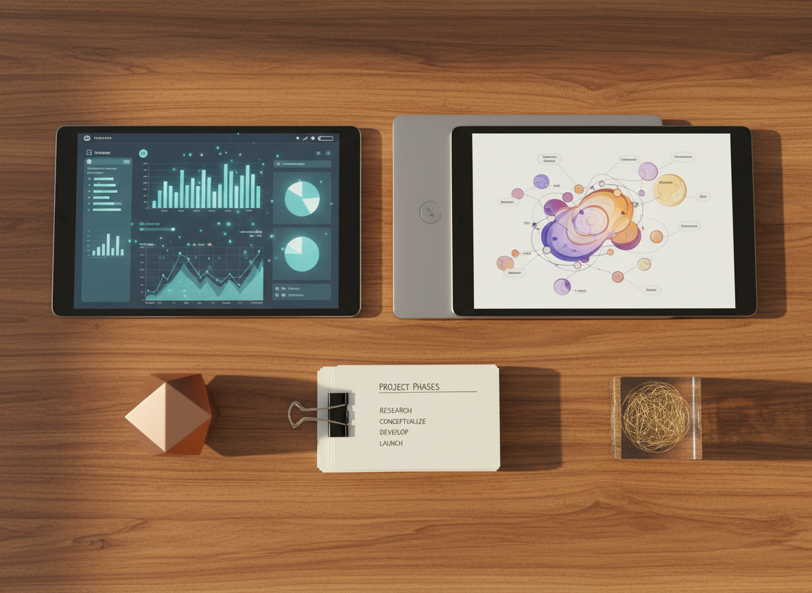 A polished wooden tabletop showcasing a carefully arranged flat lay of tools that blend business information management and creative intelligence: a tablet displaying an interactive dashboard of analytics, a second tablet showing a vibrant conceptual mind map, a slim silver laptop closed with a subtle reflective logo, and a neatly stacked set of index cards labeled with project phases. A geometric metal paperweight and a translucent acrylic cube add a design-focused touch. Soft, warm afternoon light from the side forms long, gentle shadows and delicate highlights along metallic edges. Photographic realism, shot from a bird’s-eye view with sharp focus across the entire frame, creates a clean, modern, and highly organized atmosphere reflecting balanced analytical and creative skills.