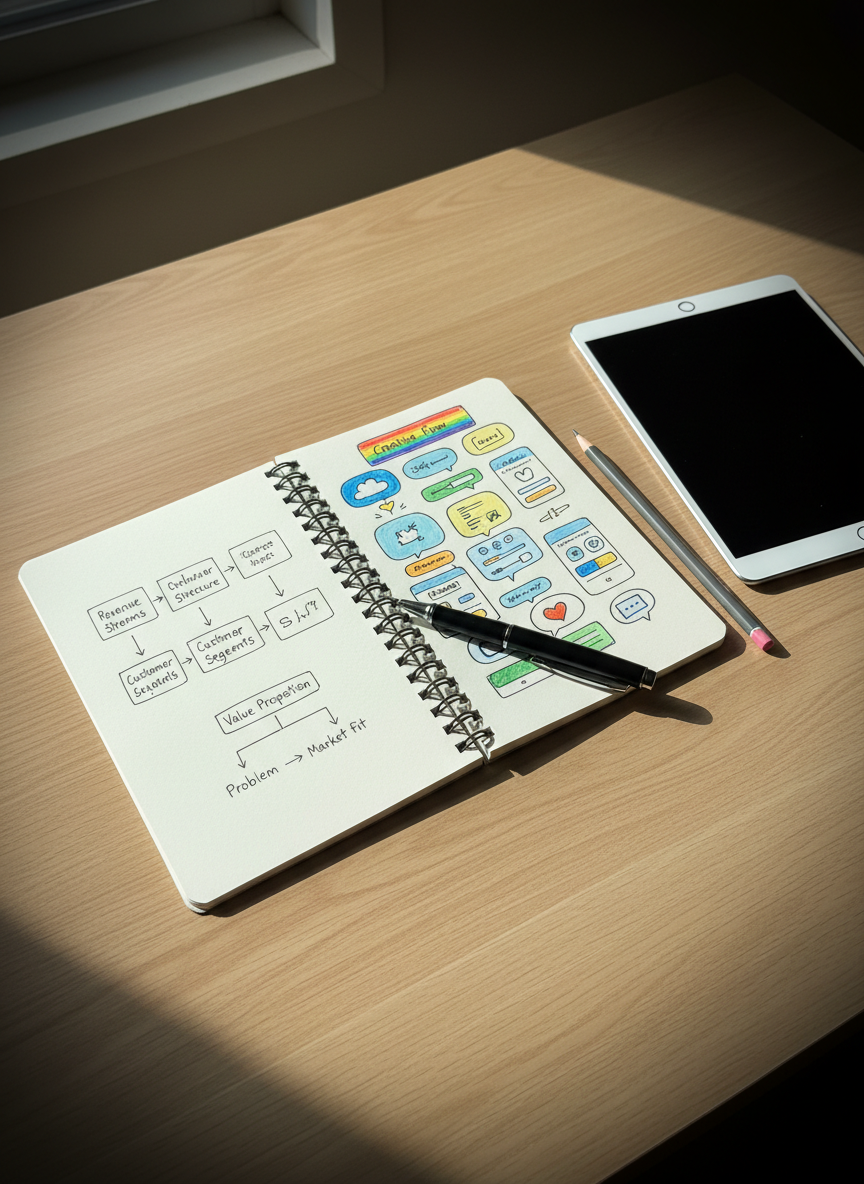 An open notebook with smooth ivory pages filled with tidy, hand-drawn business models on the left side and expressive, colorful interface sketches on the right, symbolizing the bridge between structured planning and creative design. A fine-point black pen lies diagonally across the binding, and a slim graphite pencil rests parallel to the notebook’s edge. The notebook sits on a clean, light oak desk beside a minimalist silver tablet in sleep mode, its dark glass reflecting faint outlines. Soft morning daylight from the upper left casts calm, natural shadows, emphasizing texture in the paper grain and wood. Photographic realism, captured from a slightly elevated angle with a gentle vignette, creates an intimate, focused, and thoughtful atmosphere suited for a portfolio’s “About” or “Process” section.