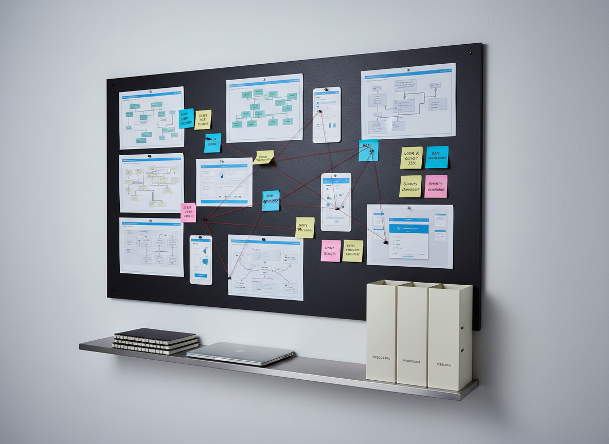 A large, matte-black pinboard mounted on a smooth light-gray wall, covered with neatly pinned printed slides of business process diagrams, colorful sticky notes with concise ideas, and glossy mockups of digital interfaces. Thin red string connects key items, suggesting strategic thinking and relationships between concepts. A slim metal shelf below holds stacked sketchbooks, a closed silver laptop, and a pair of organized folders. Cool, diffused studio lighting washes over the scene, eliminating harsh shadows and highlighting clean lines and textures. Captured from a slightly angled, eye-level perspective in photographic realism, the composition uses the rule of thirds to emphasize the central cluster of ideas, creating a mood of structured creativity, analysis, and methodical innovation suited to a professional e-portfolio.